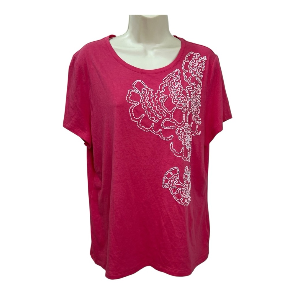 Talbots Pink Tee Shirt Top with White Beading and Embroidery